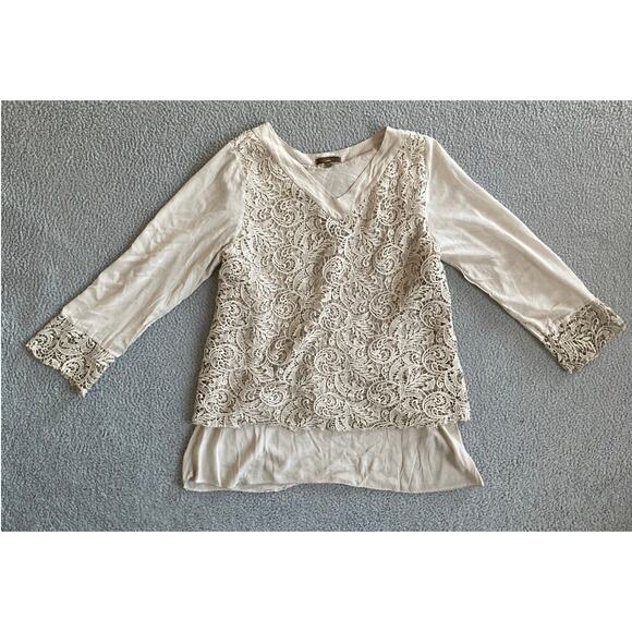 Piazza Roma Top Large Crochet Lace Lined Long Sleeve Cream Boho Beach Shirt - Picture 2 of 11